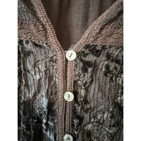 Vintage America Blues Black Velvet Lace Button Front Roll Tab Sleeve Top Small - Picture 3 of 8